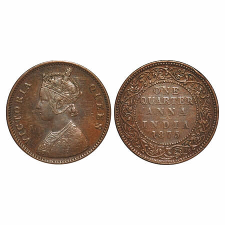 Victoria Queen, Copper, Quarter Anna, 1875, Bombay Mint, A/I, No mint mark, Queens jabot h