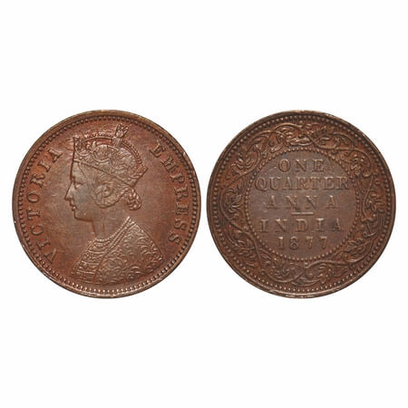 Victoria Empress, Copper, Quarter Anna, 1877, Bombay Mint, B/I, No mint mark, Queens jabot