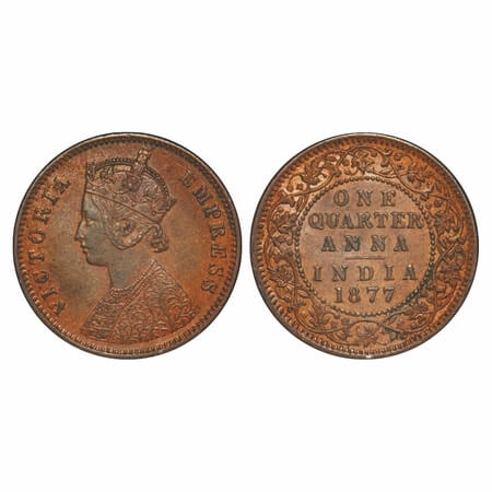 Victoria Empress, Copper, Quarter Anna, 1877, Calcutta Mint, B/II, No mint mark, Queens ja