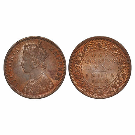 Victoria Empress, Copper, Quarter Anna, 1878, Calcutta Mint, B/II, No mint mark, Queens ja