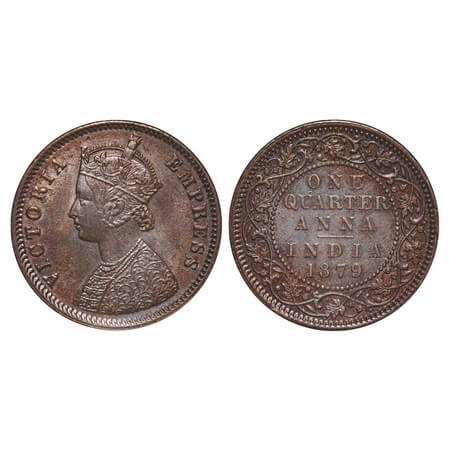 Victoria Empress, Copper, Quarter Anna, 1879, Calcutta Mint, B/II, 'C' incused, Queens jab