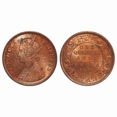 Victoria Empress, Copper, Quarter Anna, 1880, Calcutta Mint, B/II, 'C' incused, Queens jab