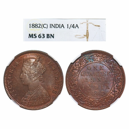 Victoria Empress, Copper, Quarter Anna, 1882, Calcutta Mint, B/II, 'C' incused, Queens jab