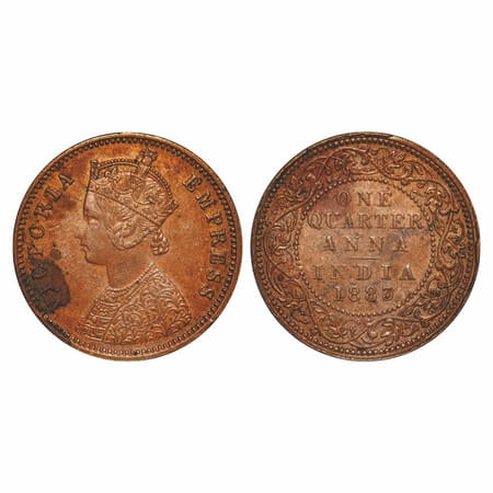 Victoria Empress, Copper, Quarter Anna, 1883, Bombay Mint, B/I, No mint mark, Queens jabot