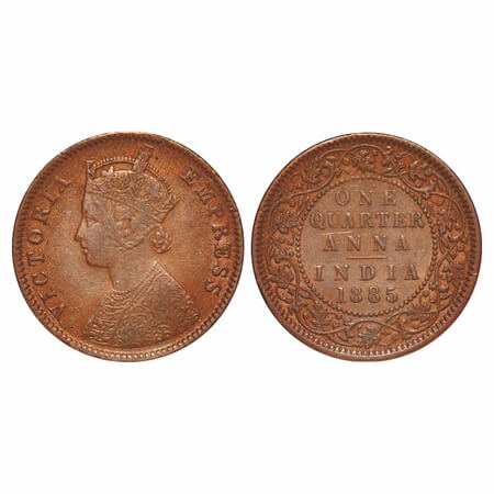 Victoria Empress, Copper, Quarter Anna, 1885, Calcutta Mint, B/II,'C' incused, Queens jabo