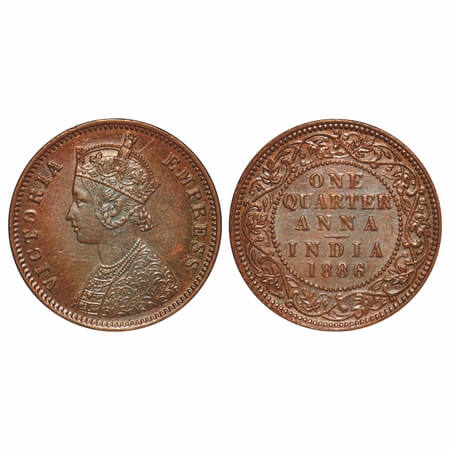 Victoria Empress, Copper, Quarter Anna, 1886, Bombay Mint, B/I, No mint mark, Queens jabot