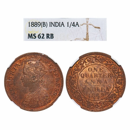 Victoria Empress, Copper, Quarter Anna, 1889, Bombay Mint, B/I, No mint mark, Queens jabot