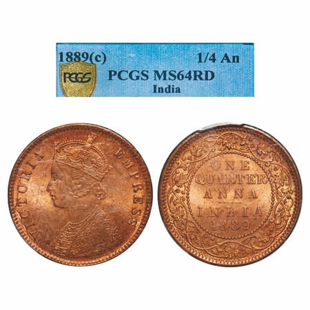 Victoria Empress, Copper, Quarter Anna, 1889, Calcutta Mint, B/II, No mint mark, Queens ja