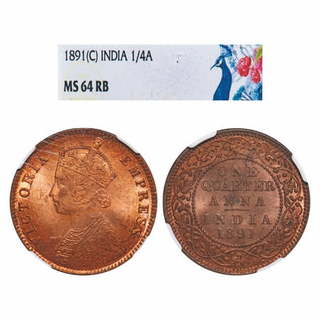 Victoria Empress, Copper, Quarter Anna, 1891, Calcutta Mint, B/II, No mint mark, Queens ja
