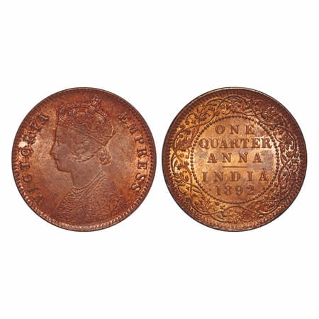 Victoria Empress, Copper, Quarter Anna, 1892, Calcutta Mint, B/II, No mint mark, Queens ja