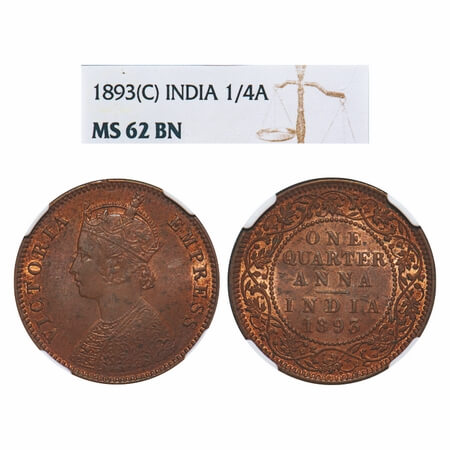 Victoria Empress, Copper, Quarter Anna, 1893, Calcutta Mint, B/II, No mint mark, Queens ja