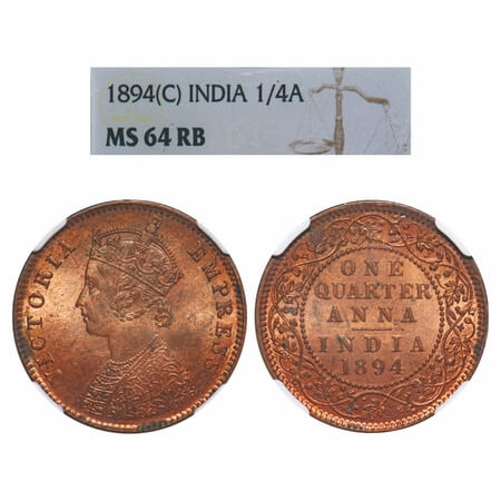 Victoria Empress, Copper, Quarter Anna, 1894, Calcutta Mint, B/II, No mint mark, Queens ja