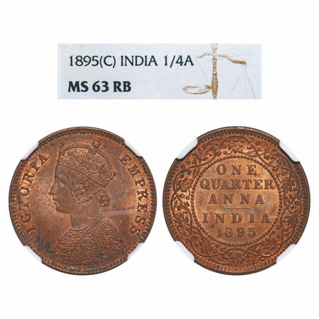 Victoria Empress, Copper, Quarter Anna, 1895, Calcutta Mint, B/II, No mint mark, Queens ja