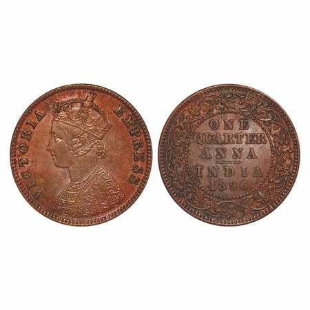 Victoria Empress, Copper, Quarter Anna, 1896, Calcutta Mint, B/II, No mint mark, Queens ja