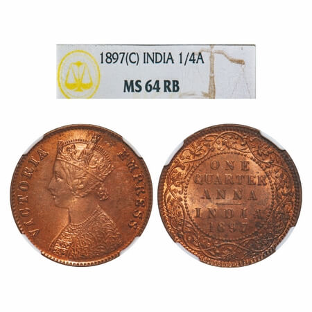 Victoria Empress, Copper, Quarter Anna, 1897, Calcutta Mint, B/II, No mint mark, Queens ja