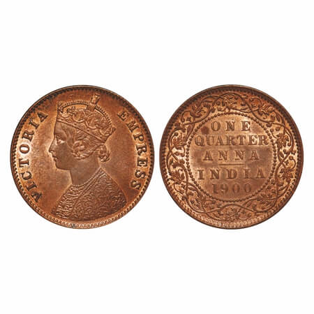 Victoria Empress, Copper, Quarter Anna, 1900, Calcutta Mint, B/II, No mint mark, Queens ja