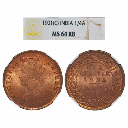 Victoria Empress, Copper, Quarter Anna, 1901, Calcutta Mint, B/II, No mint mark, Queens ja