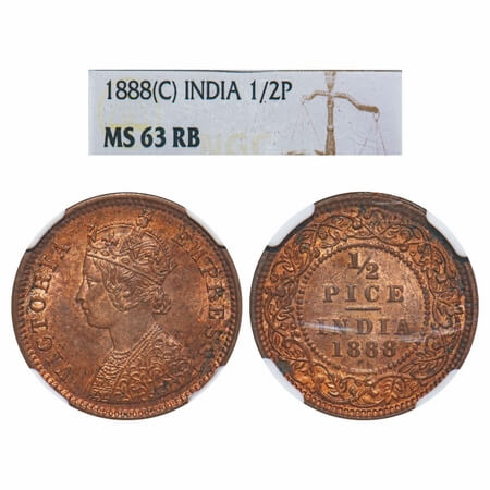 Victoria Empress, Copper, 1/2 Pice, 1888, Calcutta Mint, A/I, No mint mark. F. Prid 720. G