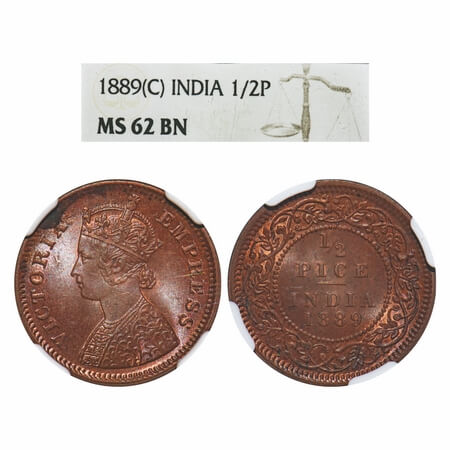 Victoria Empress, Copper, 1/2 Pice, 1889, Calcutta Mint, A/I, No mint mark. F. Prid 721. G