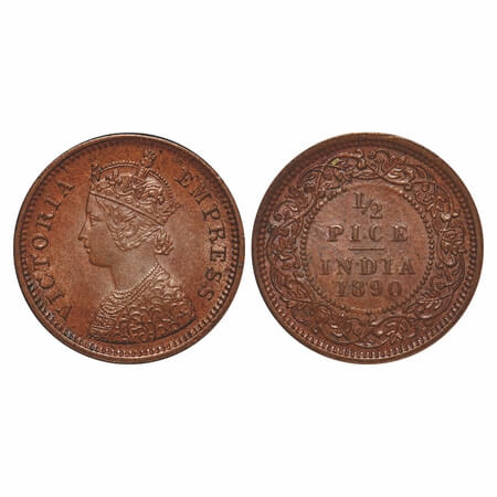 Victoria Empress, Copper, 1/2 Pice, 1890, Calcutta Mint, A/I, No mint mark. F. Prid 722. G