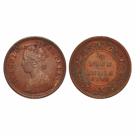 Victoria Empress, Copper, 1/2 Pice, 1891, Calcutta Mint, A/I, No mint mark. F. Prid 723. G