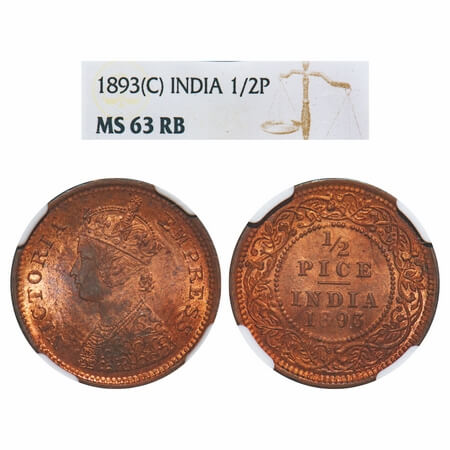 Victoria Empress, Copper, 1/2 Pice, 1893, Calcutta Mint, A/I, No mint mark. F. Prid 726. G