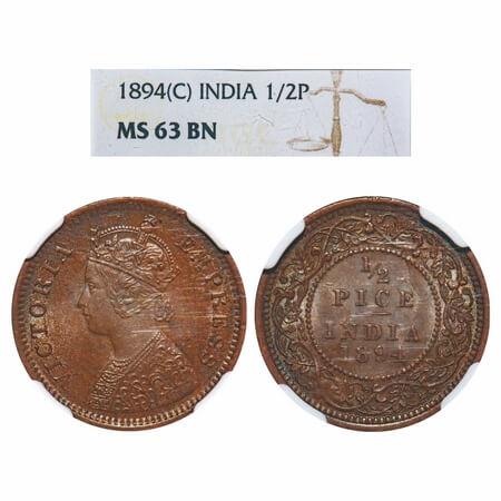 Victoria Empress, Copper, 1/2 Pice, 1894, Calcutta Mint, A/I, No mint mark. F. Prid 727. G