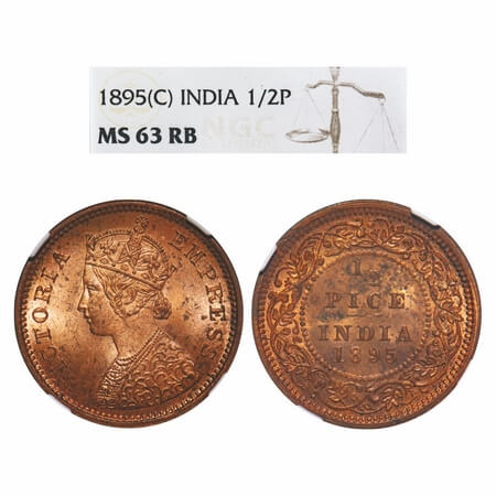 Victoria Empress, Copper, 1/2 Pice, 1895, Calcutta Mint, A/I, No mint mark. F. Prid 728. G