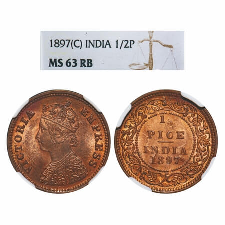 Victoria Empress, Copper, 1/2 Pice, 1897, Calcutta Mint, A/I, No mint mark. F. Prid 730. G