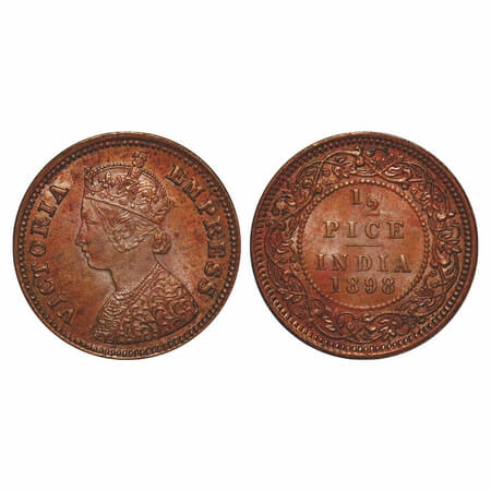 Victoria Empress, Copper, 1/2 Pice, 1898, Calcutta Mint, A/I, No mint mark. F. Prid 731. G