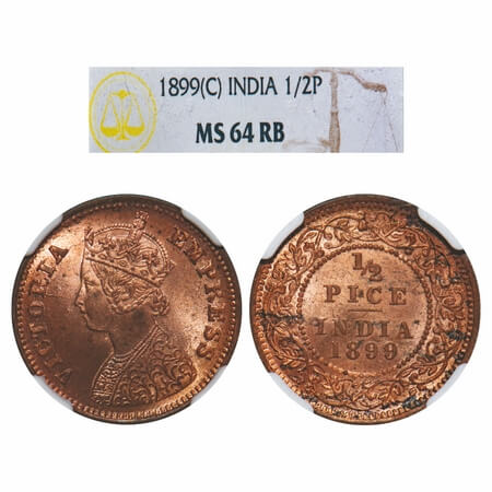 Victoria Empress, Copper, 1/2 Pice, 1899, Calcutta Mint, A/I, No mint mark. F. Prid 732. G