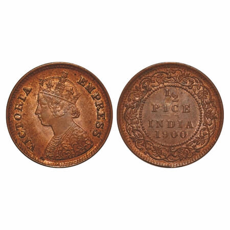 Victoria Empress, Copper, 1/2 Pice, 1900, Calcutta Mint, A/I, No mint mark. F. Prid 733. G