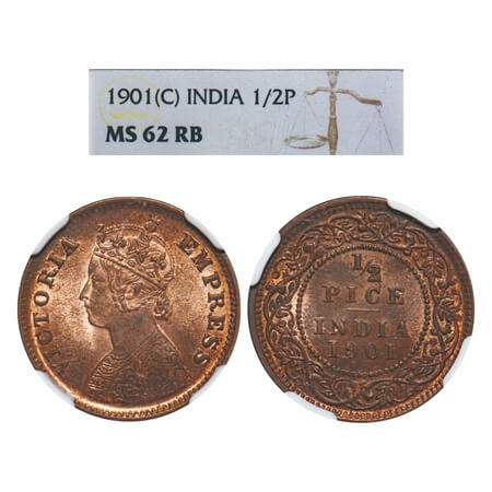 Victoria Empress, Copper, 1/2 Pice, 1901, Calcutta Mint, A/I, No mint mark. F. Prid 734. G