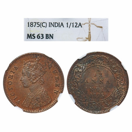 Victoria Queen, Copper, 1/12 Anna, 1875, Calcutta Mint, Obv A, No mint mark. F. Prid 784. 