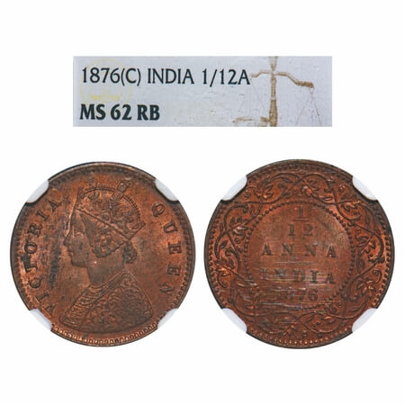 Victoria Queen, Copper, 1/12 Anna, 1876, Calcutta Mint, Obv A, No mint mark. F. Prid 785. 