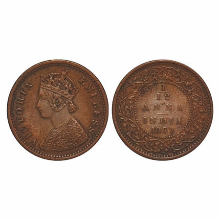 Victoria Empress, Copper, 1/12 Anna, 1877, Bombay Mint, Obv A, No mint mark. F. Prid 809. 