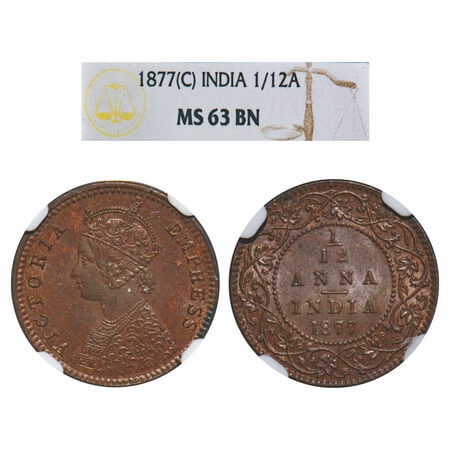 Victoria Empress, Copper, 1/12 Anna, 1877, Calcutta Mint, Obv B, No mint mark, The Queens 