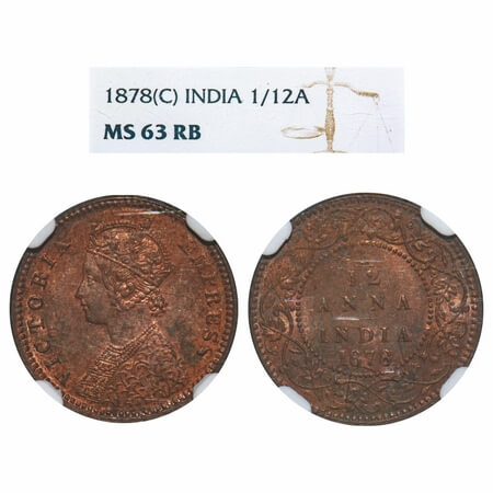 Victoria Empress, Copper, 1/12 Anna, 1878, Calcutta Mint, Obv B, No mint mark, The Queens 