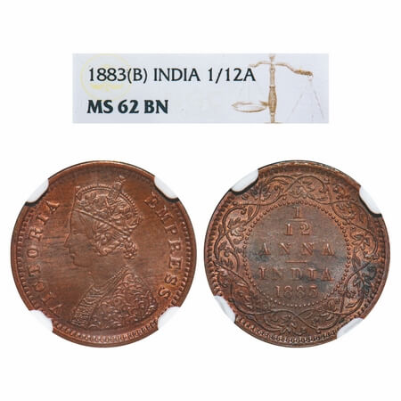 Victoria Empress, Copper, 1/12 Anna, 1883, Bombay Mint, Obv A, No mint mark. F. Prid 811. 