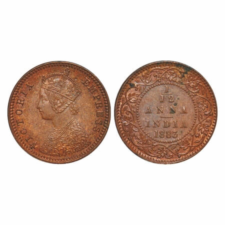 Victoria Empress, Copper, 1/12 Anna, 1883, Calcutta Mint, Obv B, 'C' incused. F. Prid 789.