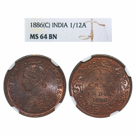 Victoria Empress, Copper, 1/12 Anna, 1886, Calcutta Mint, Obv B, 'C' incused, The Queens j