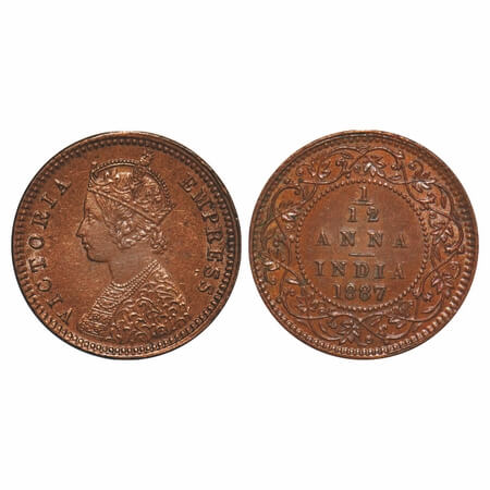 Victoria Empress, Copper, 1/12 Anna, 1887, Calcutta Mint, Obv B, 'C' incused. F. Prid 792.