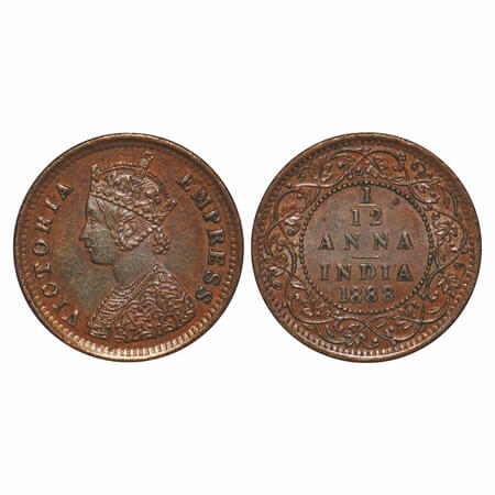 Victoria Empress, Copper, 1/12 Anna, 1888, Bombay Mint, Obv A, No mint mark. F. Prid 815. 
