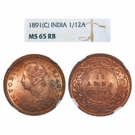 Victoria Empress, Copper, 1/12 Anna, 1891, Calcutta Mint, Obv B, No mint mark, The Queens 