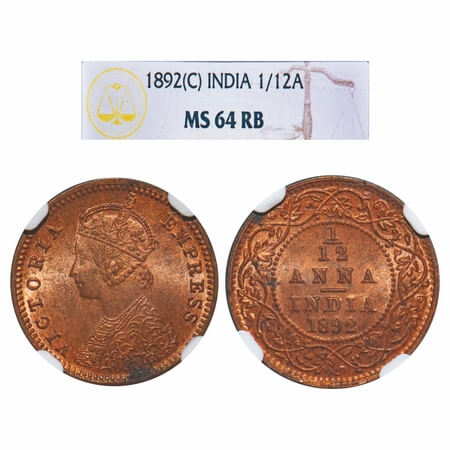 Victoria Empress, Copper, 1/12 Anna, 1892, Calcutta Mint, Obv B, No mint mark, The Queens 