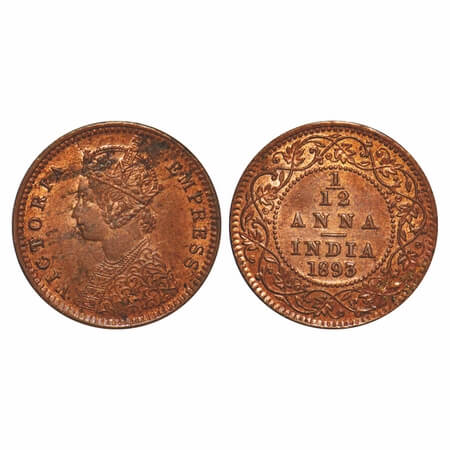 Victoria Empress, Copper, 1/12 Anna, 1893, Calcutta Mint, Obv B, No mint mark. F. Prid 798