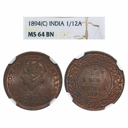 Victoria Empress, Copper, 1/12 Anna, 1894, Calcutta Mint, Obv B, No mint mark, The Queens 