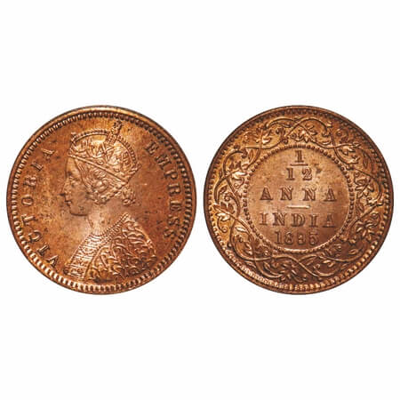 Victoria Empress, Copper, 1/12 Anna, 1895, Calcutta Mint, Obv B, No mint mark. F. Prid 800