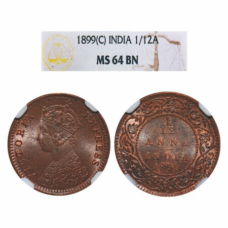 Victoria Empress, Copper, 1/12 Anna, 1899, Calcutta Mint, Obv B, No mint mark, The Queens 