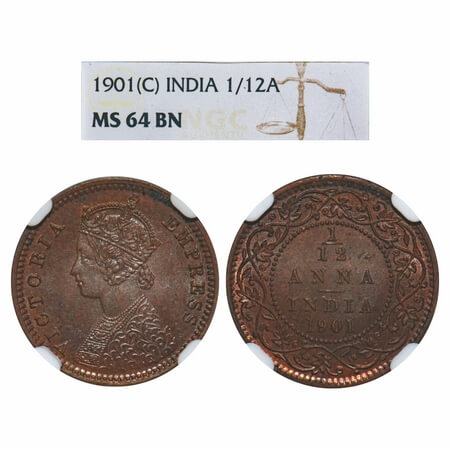 Victoria Empress, Copper, 1/12 Anna, 1901, Calcutta Mint, Obv B, No mint mark, The Queens 